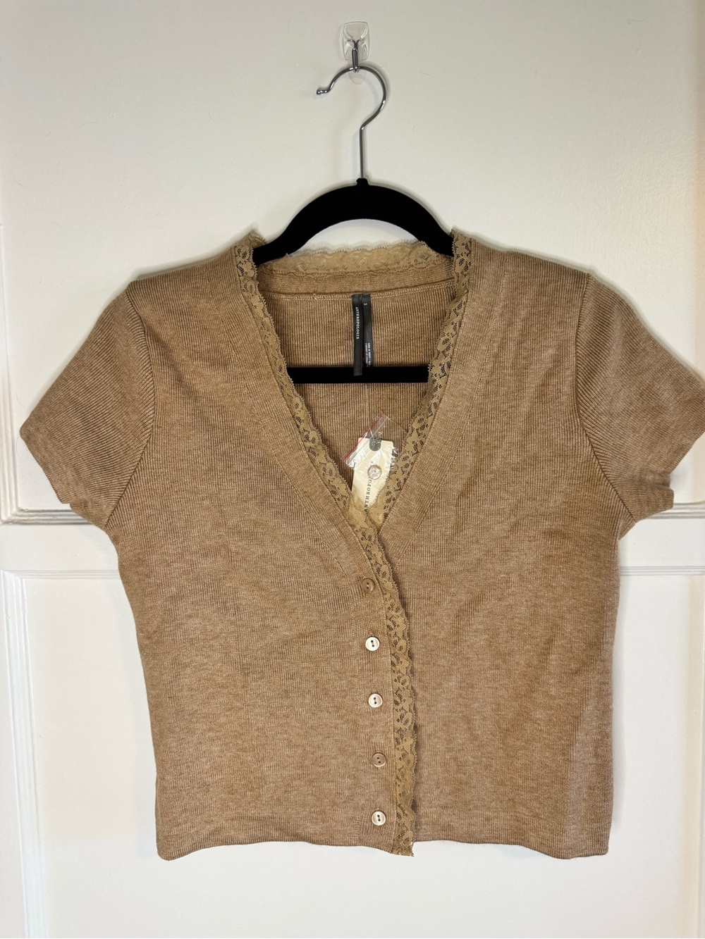 Anthropologie Lace Trim Short Sleeve Cardigan Top Natural Tan S NWT $128